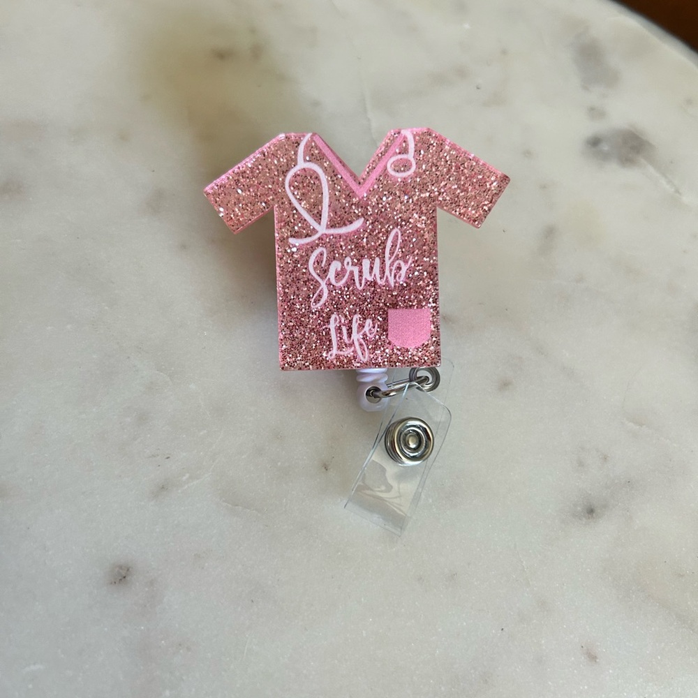 Pink Glitter 'Scrub Life' Badge Reel